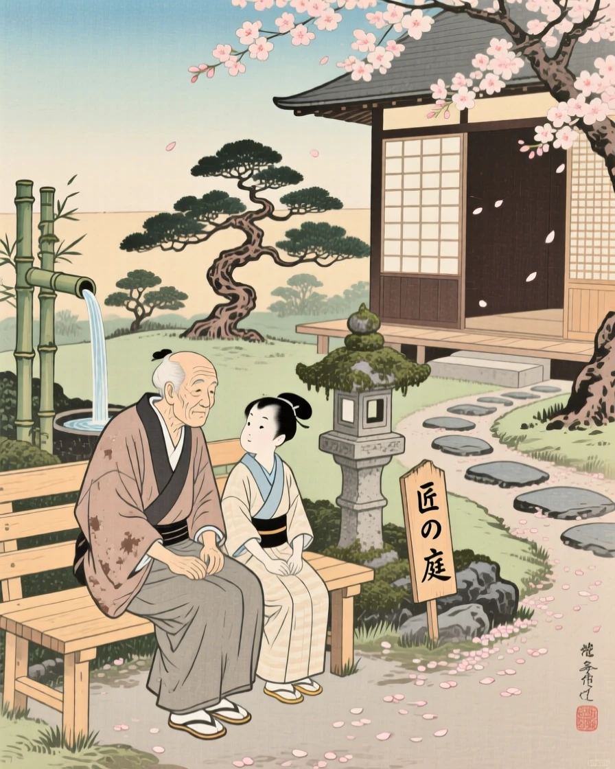 An elderly craftsman and his apprentice sharing a quiet moment on a garden bench.