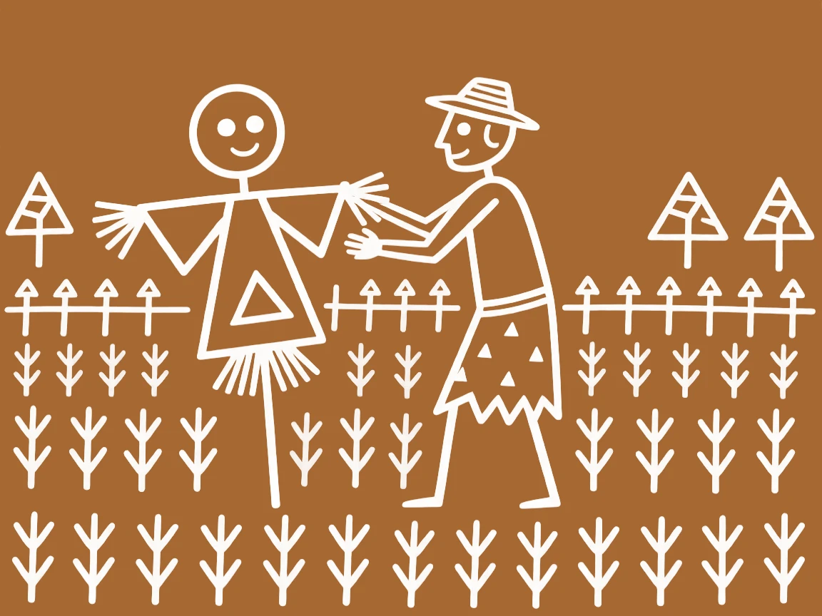 A farmer building a scarecrow to protect the crops.