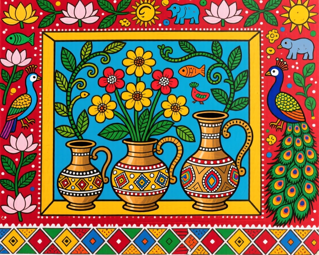 A still life of brass vessels and fresh flowers on a windowsill.