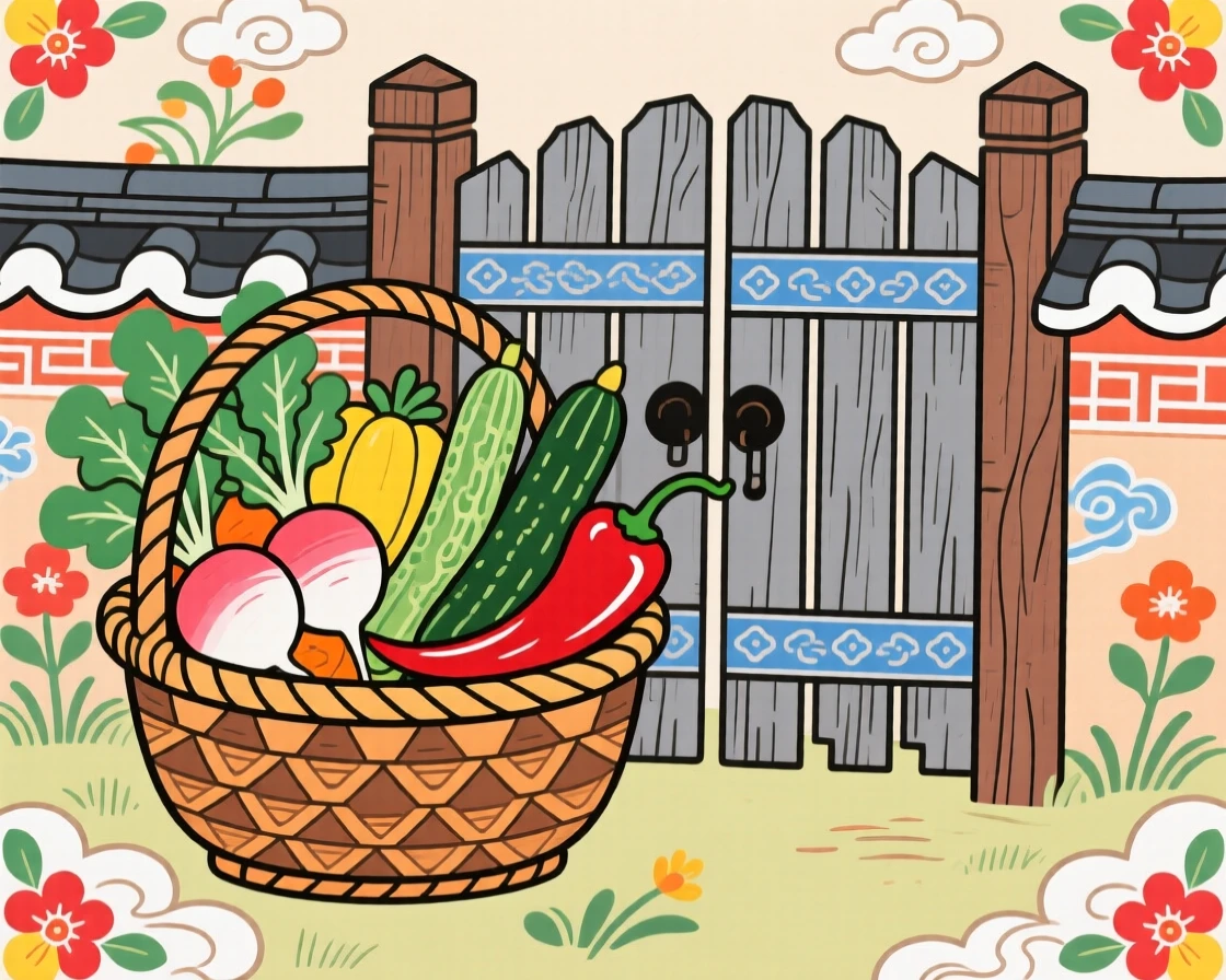 A basket of fresh vegetables just harvested, resting beside a garden gate.