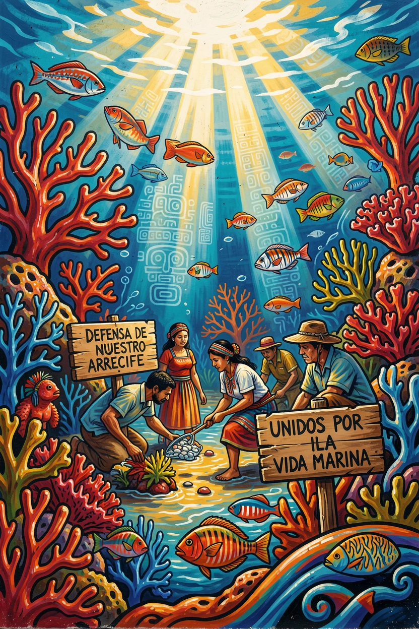 A coral reef illuminated by shafts of sunlight from above