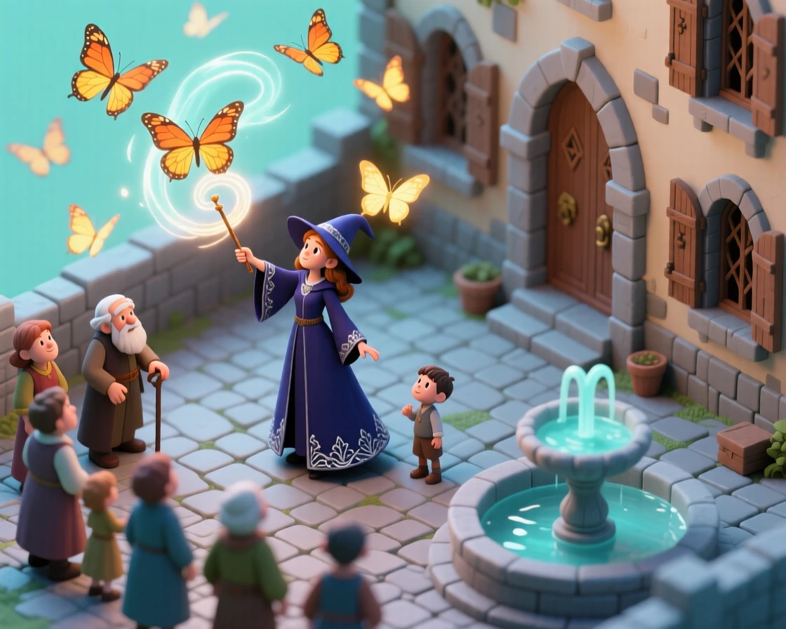 A young sorceress summoning a storm of glowing butterflies in a courtyard filled with awestruck onlookers.
