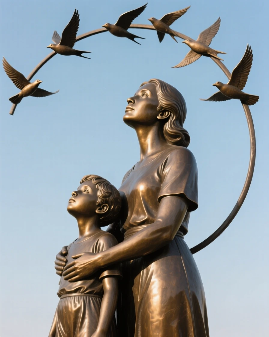 A mother and child watching migrating birds fly overhead, with a serene, contemplative gaze, forming a strong central focal point
