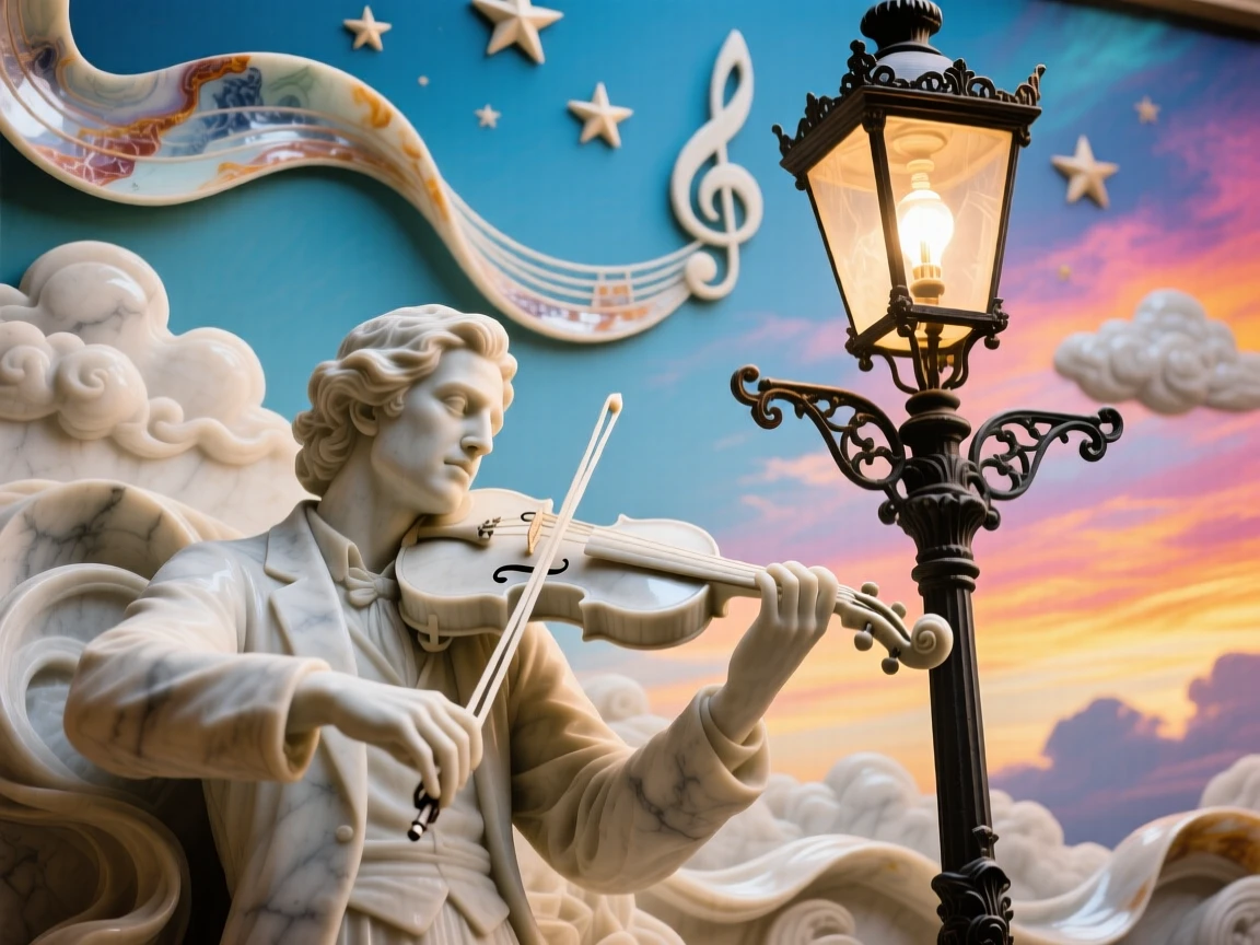 A vivid, emotionally rich scene of a violin player performing beneath a streetlamp, under a brilliant, colorful sky, designed to captivate and inspire