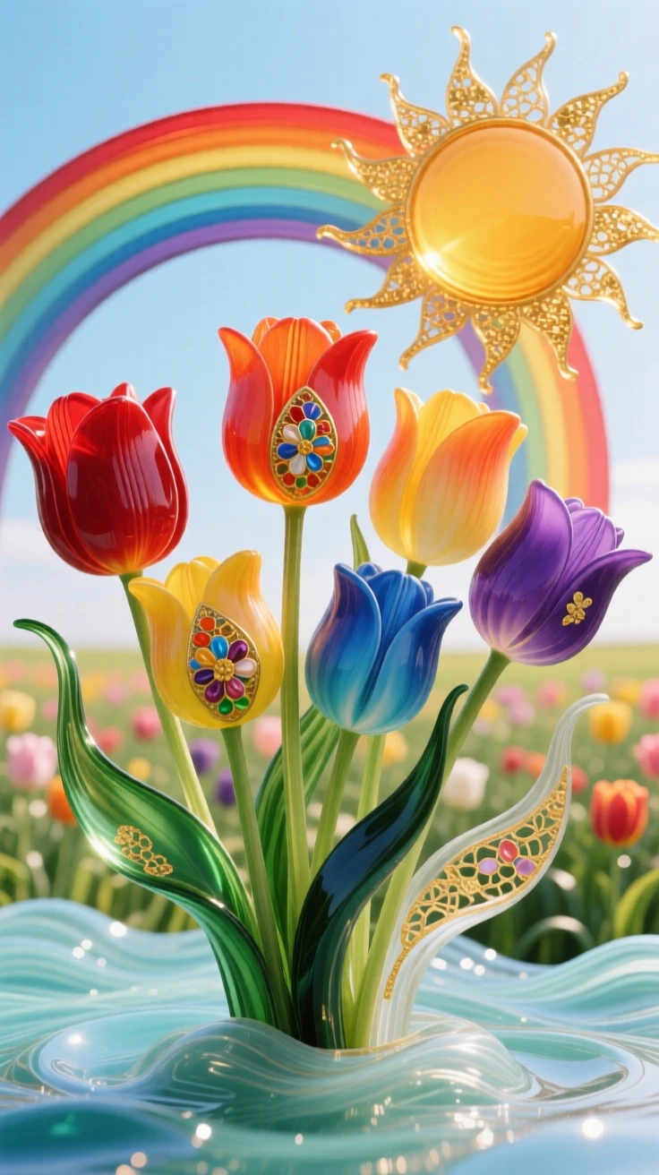 A field of blooming tulips arranged like a rainbow beneath a rising sun, cheerful and vivid.