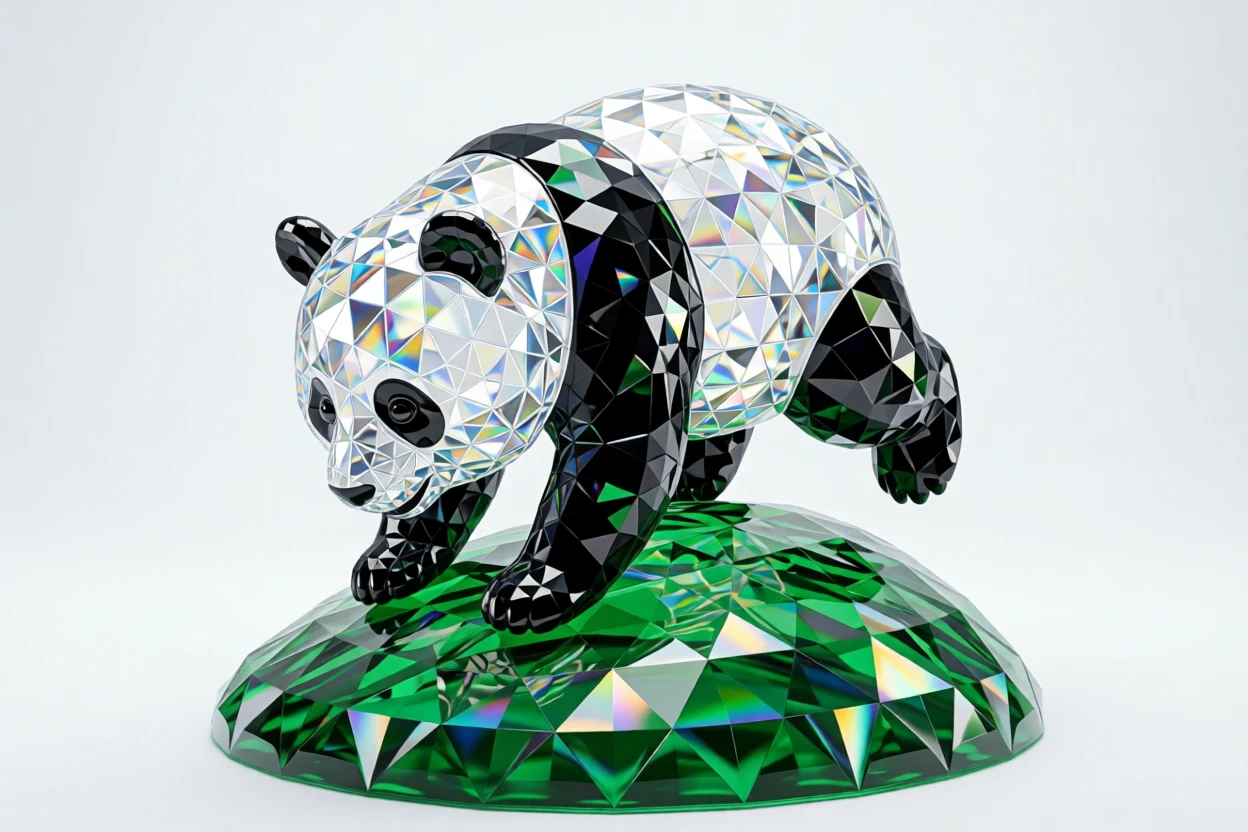 A chubby baby panda tumbling down a small grassy hill.