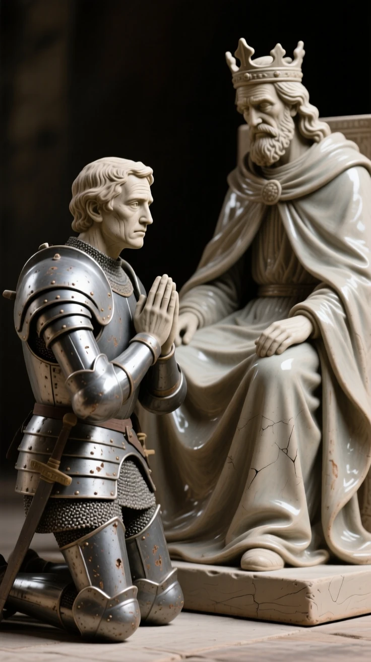 A medieval knight kneeling before his king seated in quiet, contemplative repose, with weathered features telling silent stories, capturing the weight of history in a single gaze.