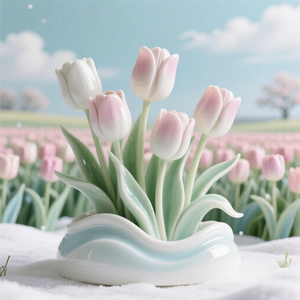 A cozy winter moment: tulip fields stretching under a soft spring sky, evoking warmth and nostalgic comfort.