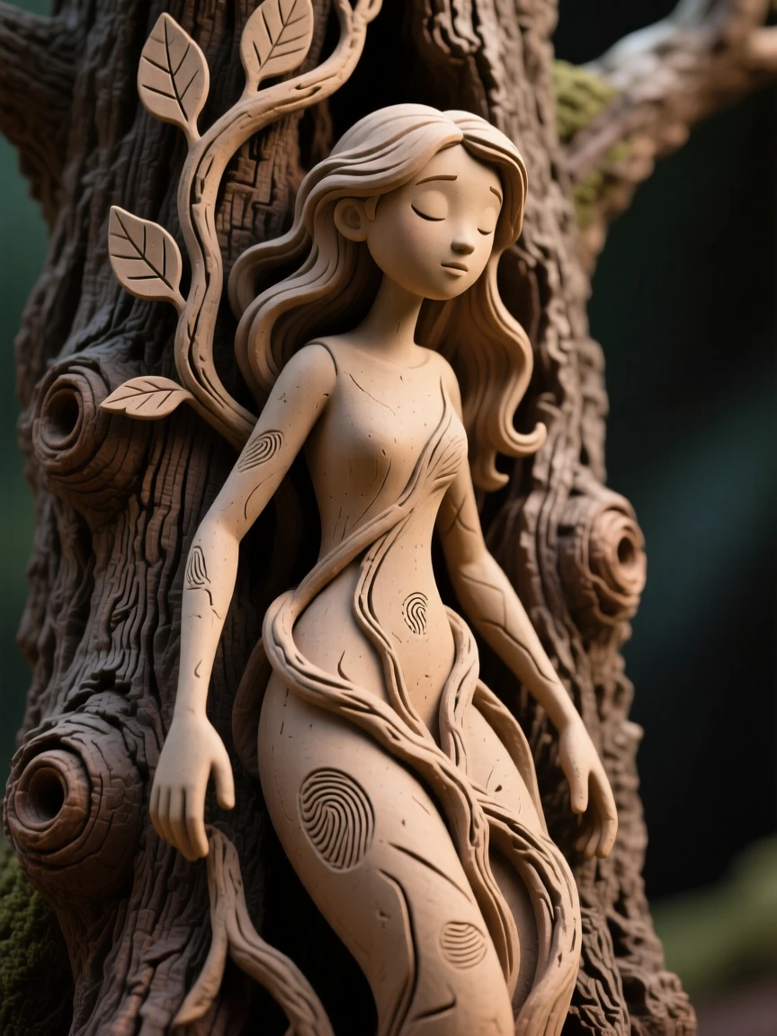 A dryad emerging gracefully from the bark of an ancient oak