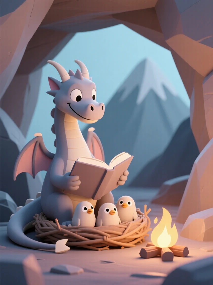 A wise old dragon reads a bedtime story to a nest of curious hatchlings inside a cozy mountain cave.