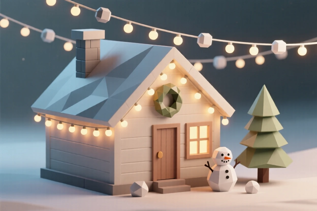 A cozy cabin glowing with warm holiday lights, under strings of warm twinkling lights. small charming details enrich the festive setting. There is a joyful, festive energy in the air.