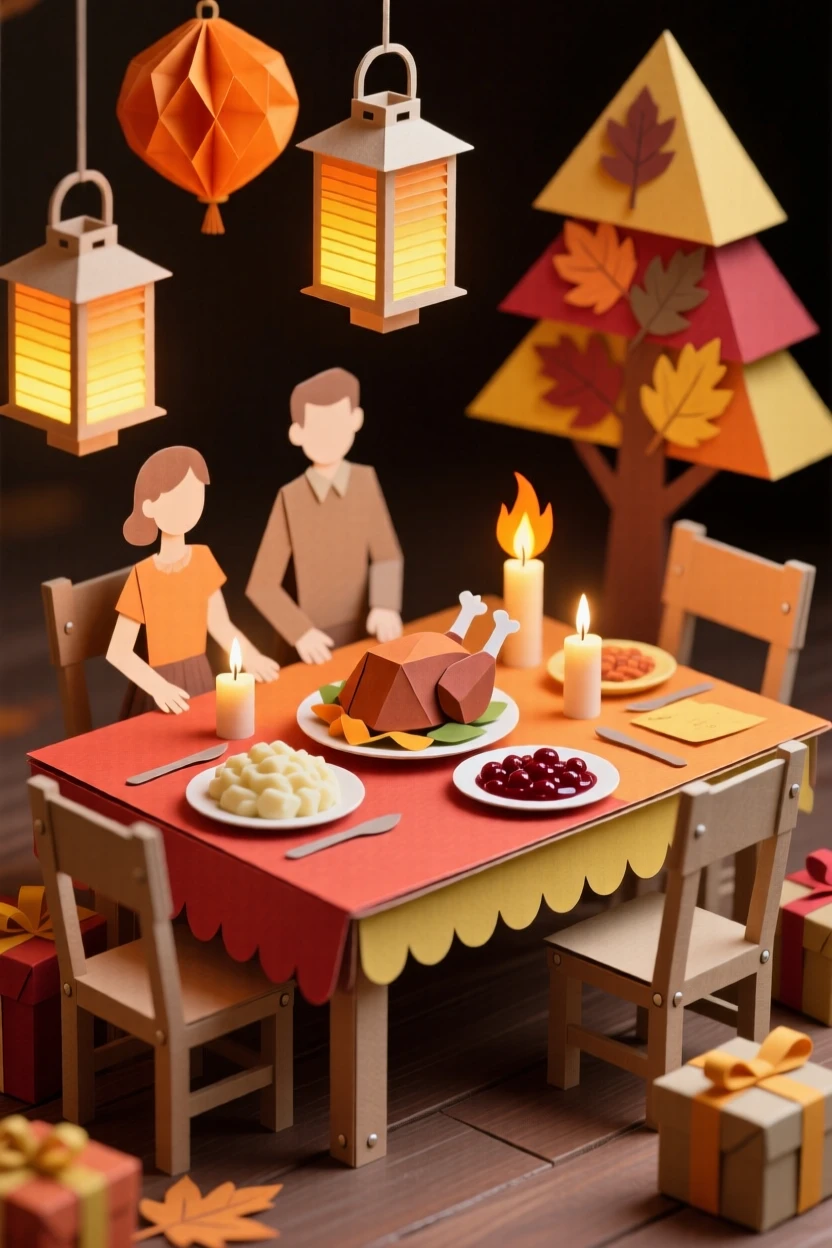 A festive Thanksgiving family table illuminated by lanterns and candlelight, with gifts wrapped neatly beneath a tree, capturing the spirit of gratitude and joy.