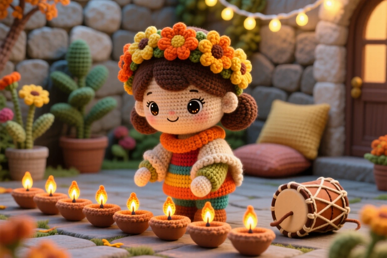 A festive cultural scene of a little girl wearing a garland of marigolds for a autumn festival of lights, arranging small clay lamps in a row within a cozy family courtyard set for a celebration; a small drum resting nearby nearby, full of heartfelt togetherness during a special gathering.