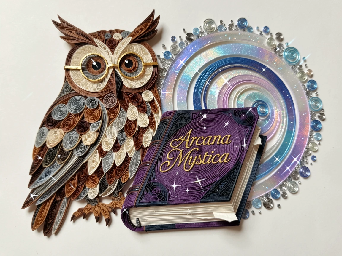 a wise old owl wearing tiny spectacles beside a spellbook, beside a shimmering portal of swirling light, composed with swirling magical particles filling the air, with shimmering starlight reflected on every surface.