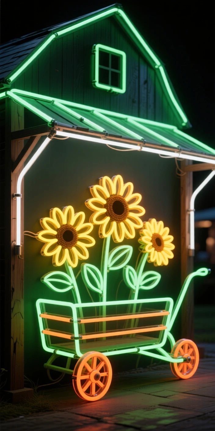 A wagon filled with freshly cut sunflowers parked outside a farm stand.