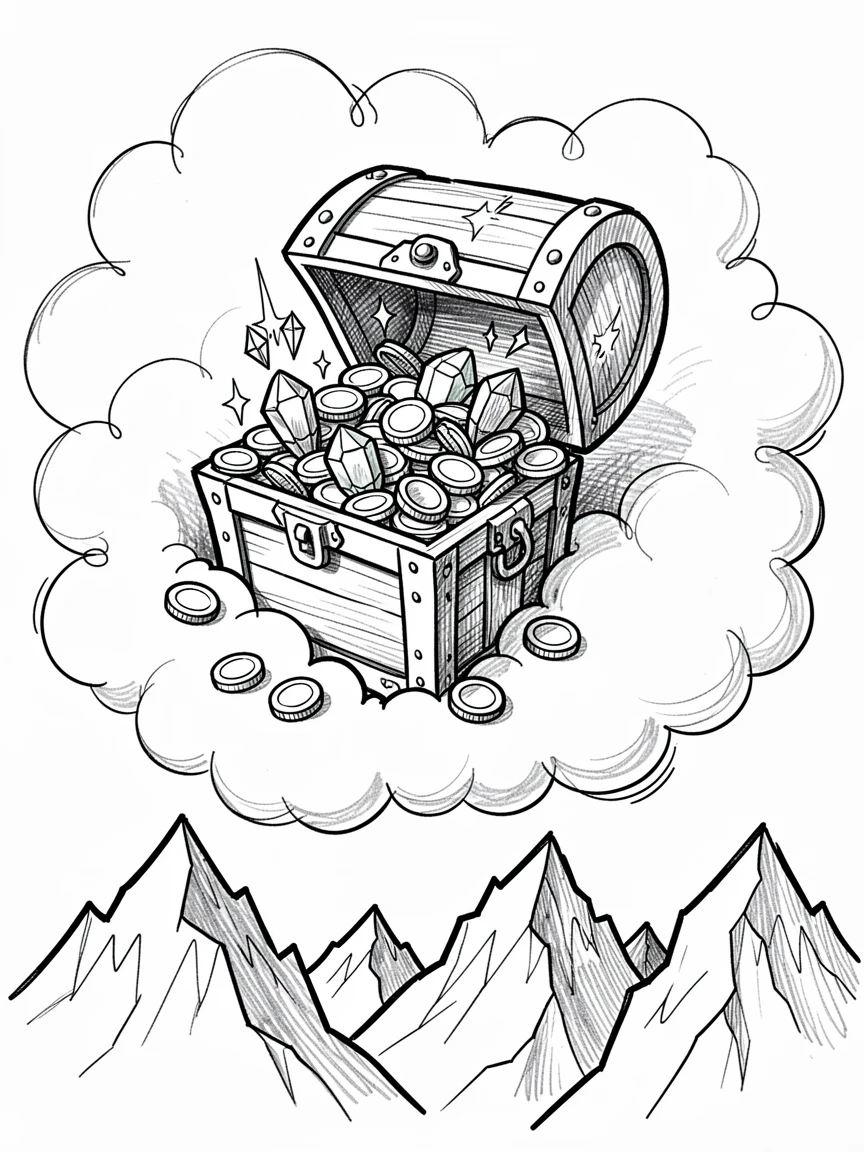 A chest overflowing with gold coins and gems among the clouds above a mountain range.