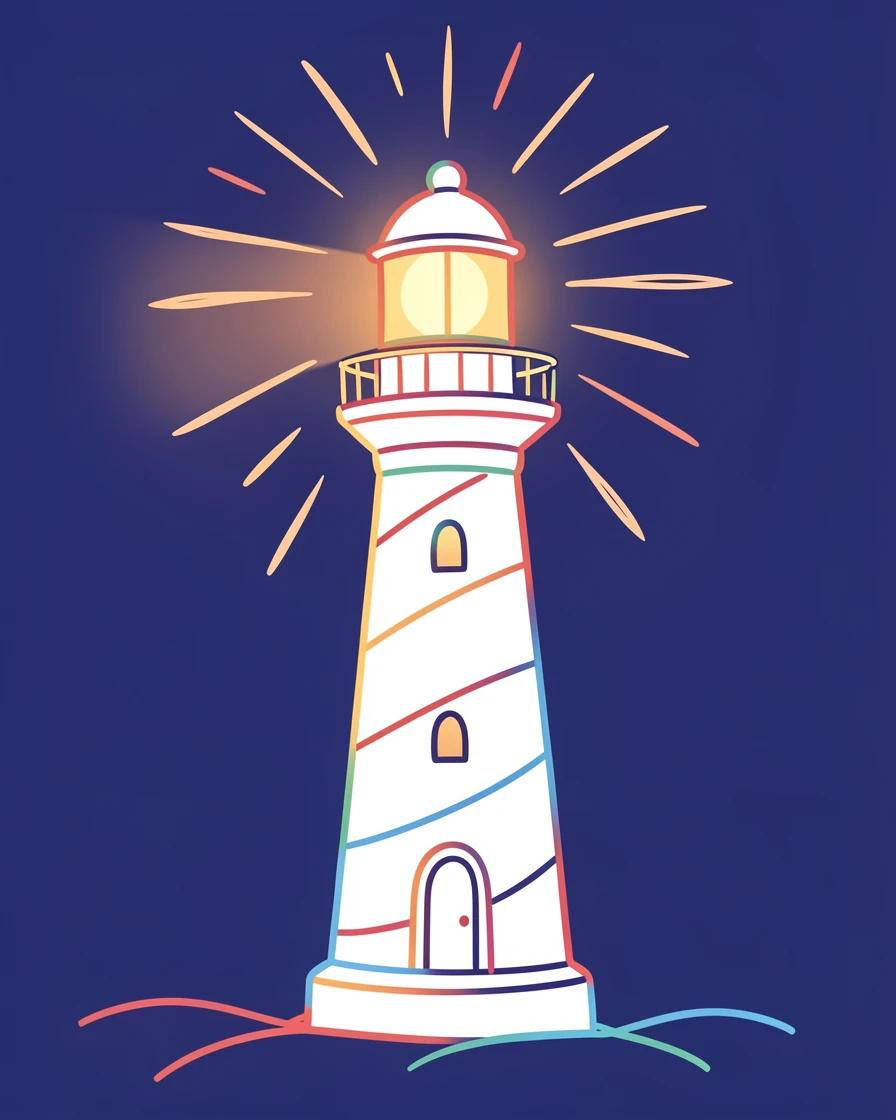 A single lighthouse glowing against a deep indigo twilight sky.