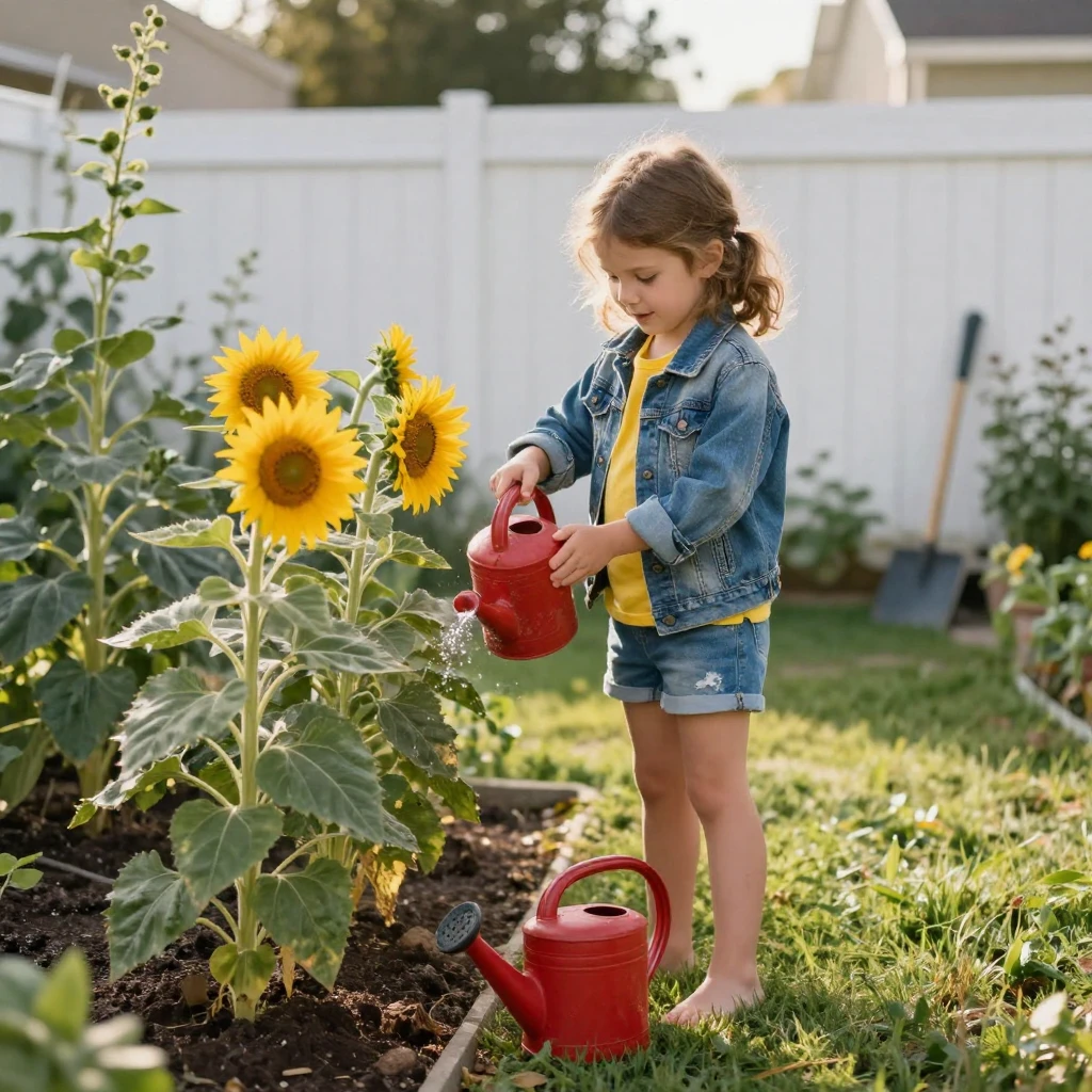 A girl in pigtails waters a row of sunflowers taller than herself in a backyard garden.
