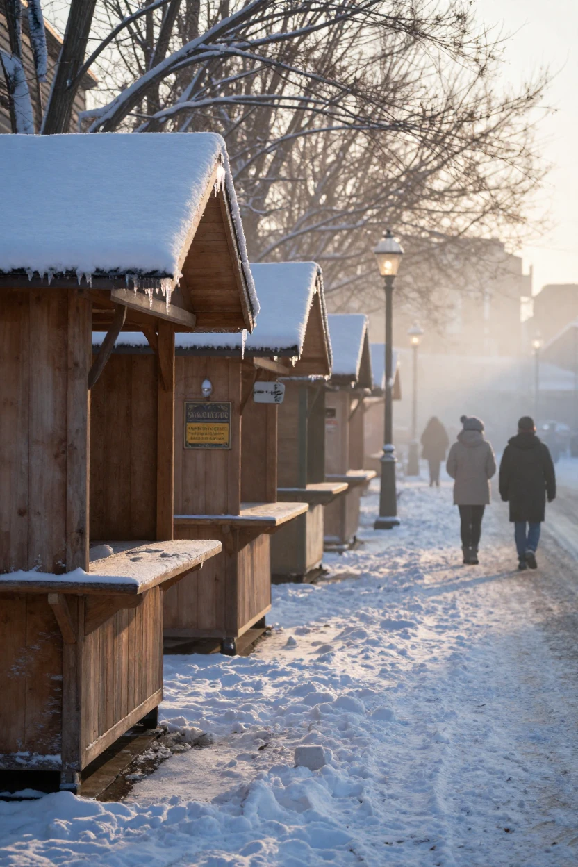 A row of market stalls blanketed in a fresh layer of snow as the town slowly wakes
