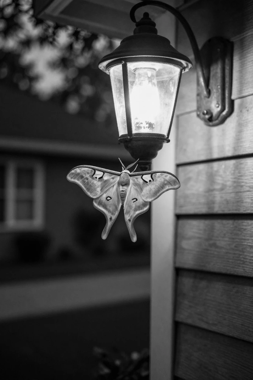 A luna moth flutters near a porch light at night on a warm summer evening.