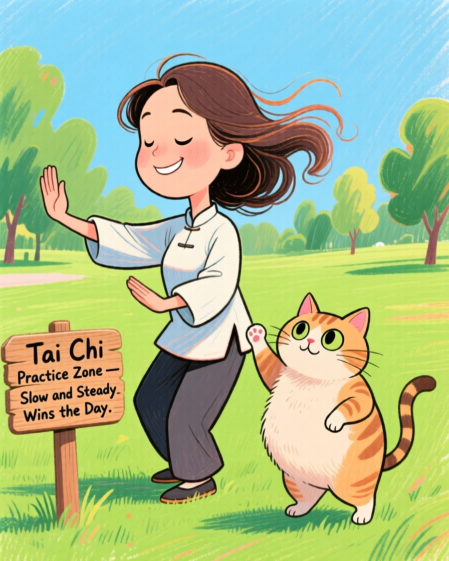 A woman practicing tai chi in the park with her cat mimicking her slow movements.