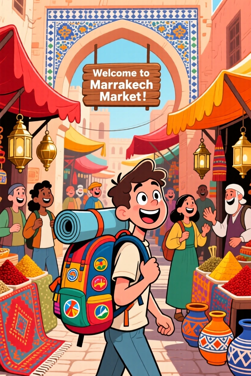 An iconic travel scene featuring a solo backpacker wandering through a bustling market in Marrakech, surrounded by cheerful fellow travelers.