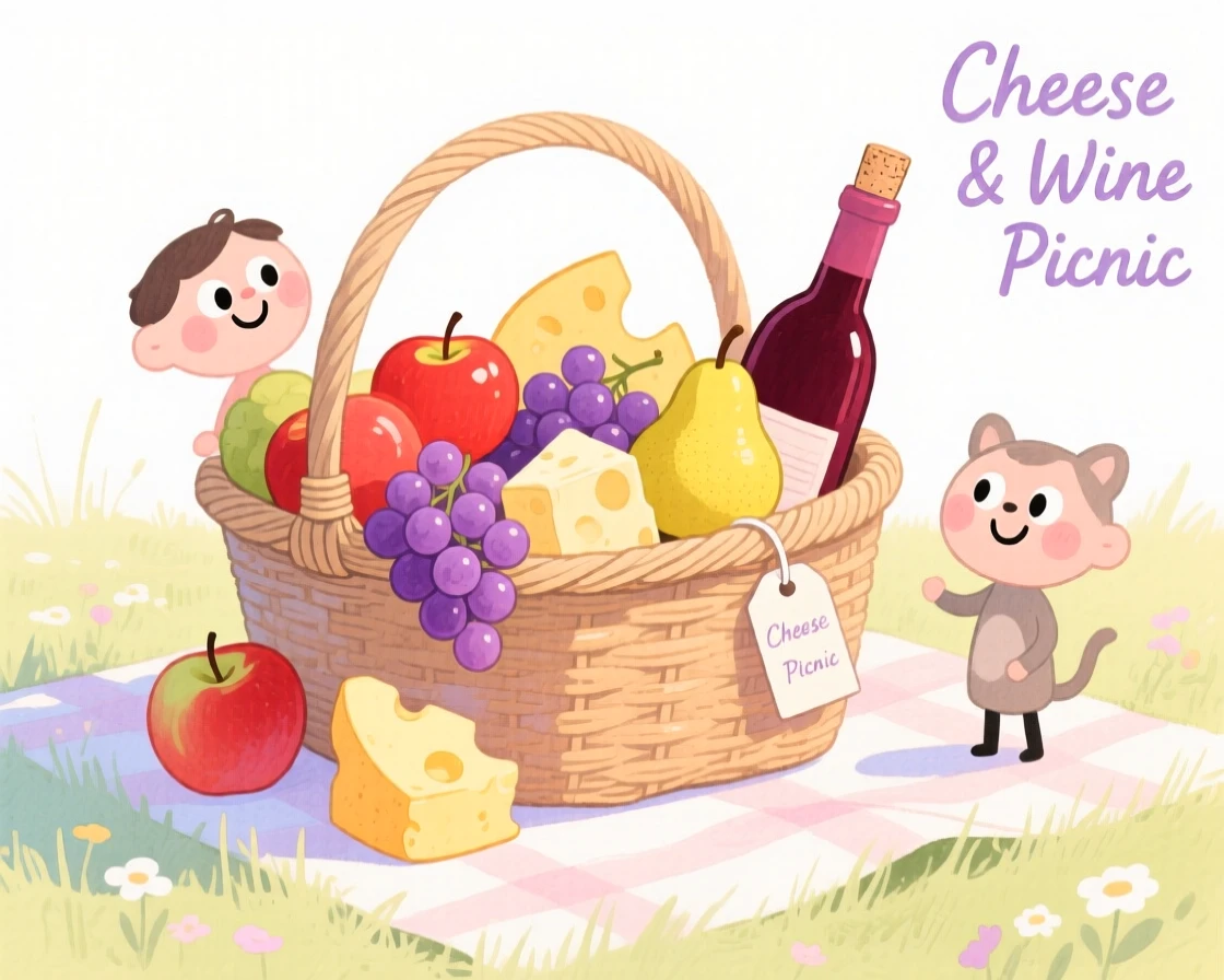 A cozy, appetizing, soft and dreamy scene of a picnic basket overflowing with fruit, cheese, and wine in a meadow