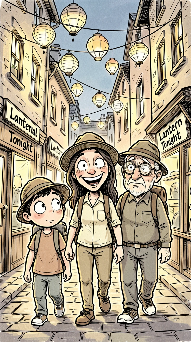 [Travel & Cultural Experiences] Vivid travel scene of a curious family of explorers wandering through a lantern-lit old town, full of wonder and adventure