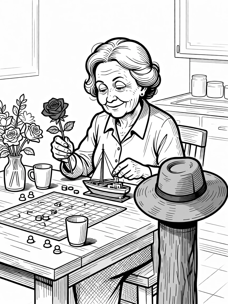 A grandmother showing off her prize-winning garden roses, gluing one final tiny mast into place, set at a kitchen table set for an evening game. A weathered hat rests on a nearby post. It feels like a living memory, cherished and ongoing.