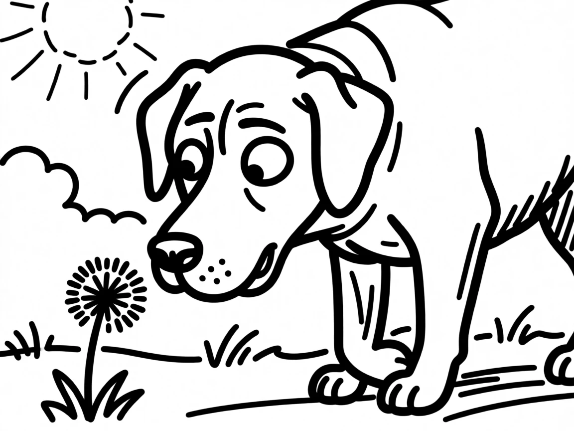A black lab curiously sniffing a single dandelion in a sunny backyard.