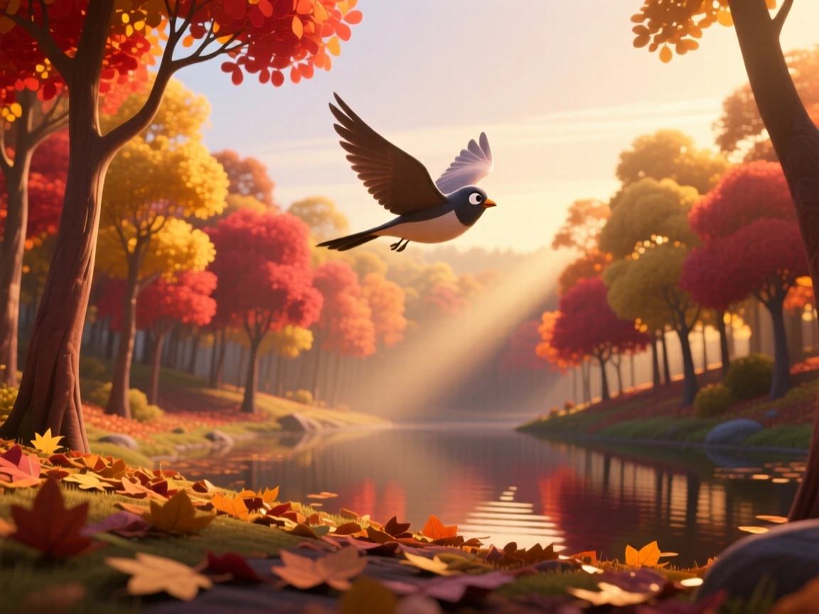 A autumn forest ablaze with color glows as the first light of dawn spills over the horizon, with a lone bird gliding silently overhead. A calming stillness settles over the landscape.