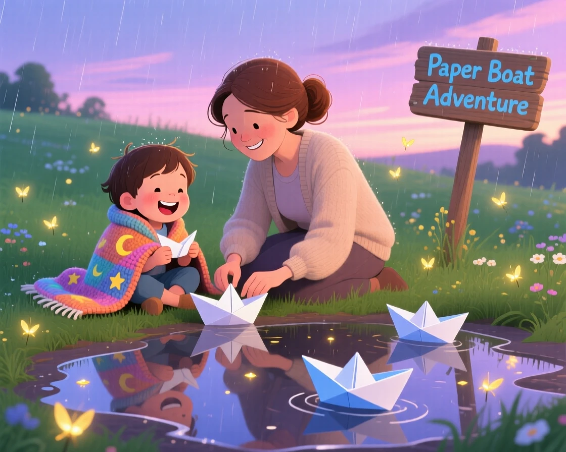 A child wrapped in a cozy blanket laughs while making paper boats to float in a puddle together with her favorite aunt, as fireflies begin to twinkle.