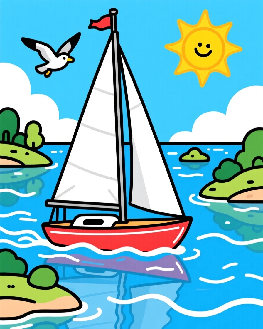 A sailboat gliding across a bay dotted with small islands.
