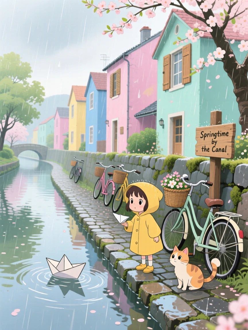 A row of pastel-colored houses along a canal, with bicycles leaning against a low stone wall, during a light spring shower.