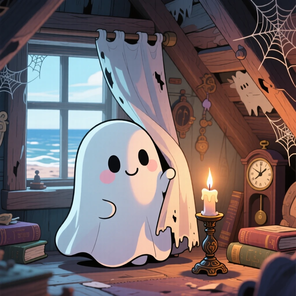 In a cozy haunted attic, a round friendly ghost is playing peekaboo behind a curtain on a breezy coastal afternoon, bathed in gentle candlelight, expression full of peaceful calm. Shot as a close-up portrait.