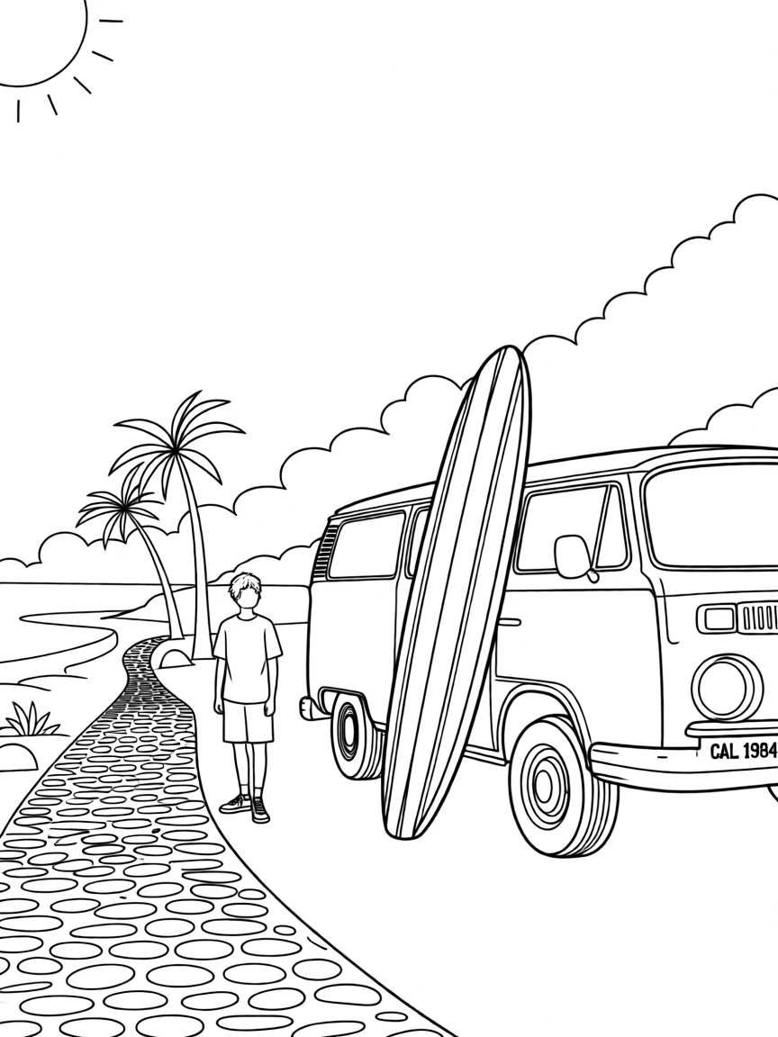 A surfboard leaning against a van parked on a California coastline, with cobblestone streets stretching into the distance.