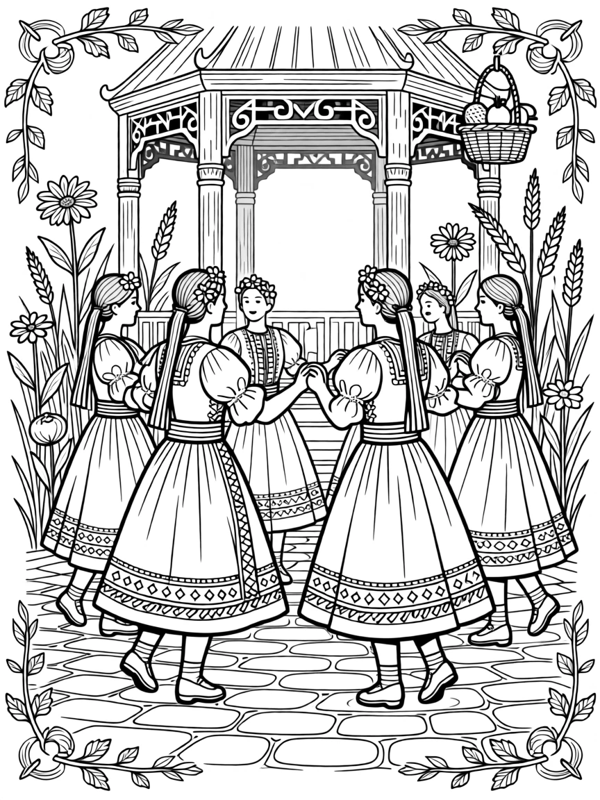 A traditional scene with dancers in white pleated folk costume.