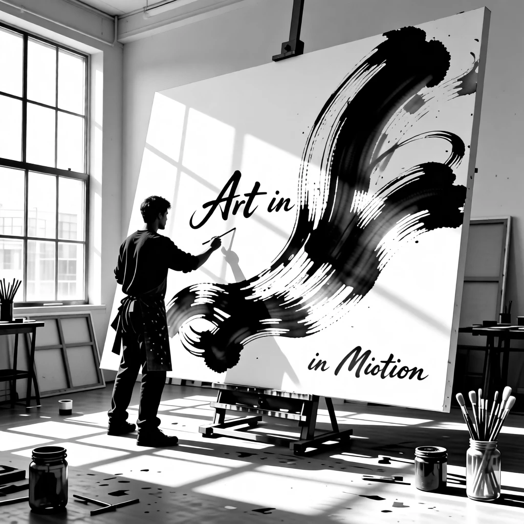 A painter working on a large canvas in a sunlit studio.