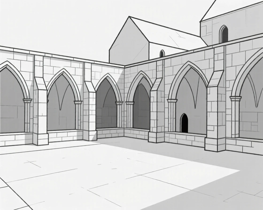 A Gothic monastery courtyard with stone archways