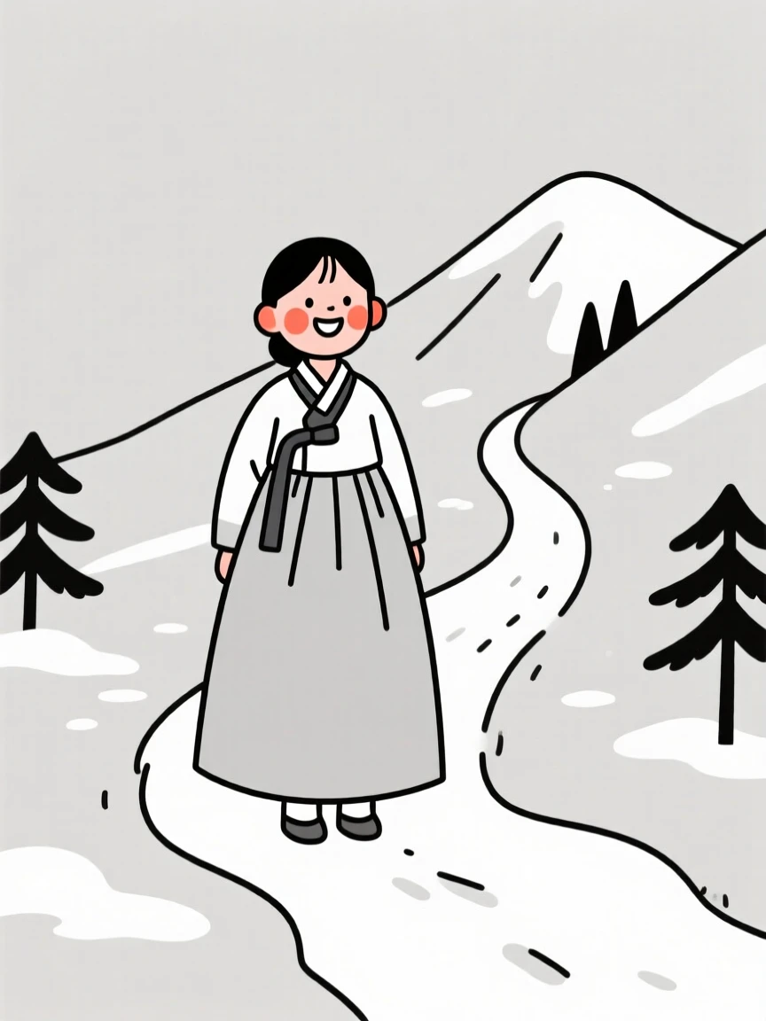 A little girl of Japanese heritage wearing a Korean hanbok, beaming with pride, on a snowy mountain trail.