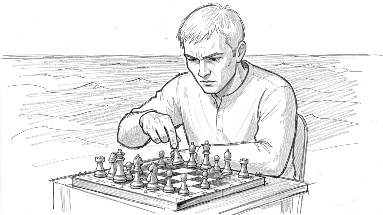 A chess player deep in thought over a match, on an open ocean horizon, with motion frozen in a dramatic instant.