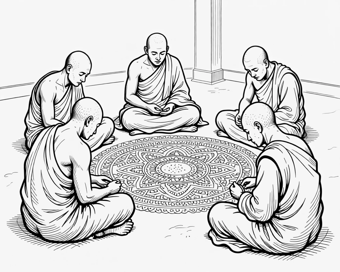 A group of monks creating an intricate sand mandala with colored grains.