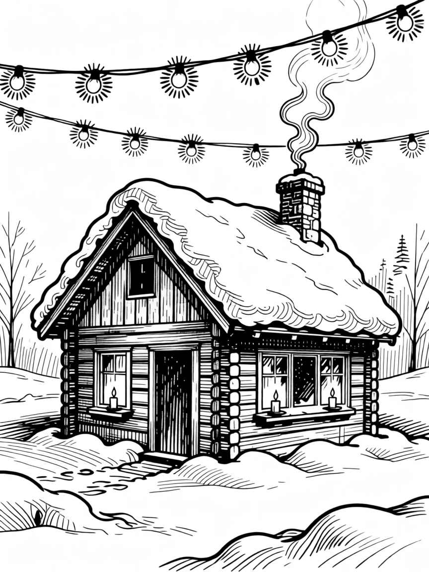 A snow-covered cabin with smoke rising from the chimney beneath strings of warm glowing lights, with candles flickering gently in the breeze, capturing a gently sentimental seasonal moment.