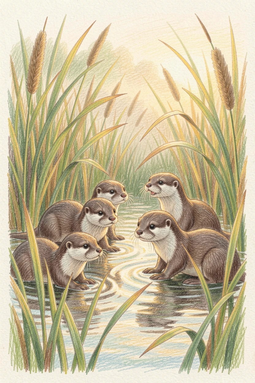 A family of otters playing among river reeds at golden hour, captured in a quiet, intimate moment full of atmosphere, designed to feel inviting, memorable, and shareable.