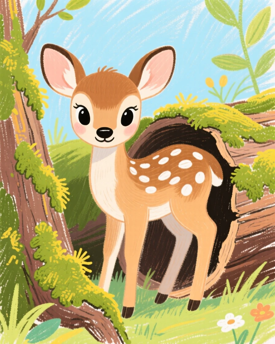 A spotted fawn peeking out from behind a moss covered log.