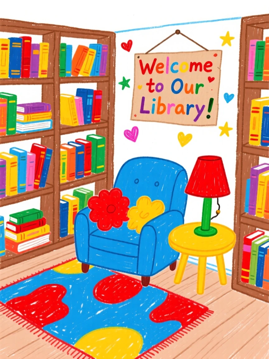 A small library with tall shelves and a reading nook.