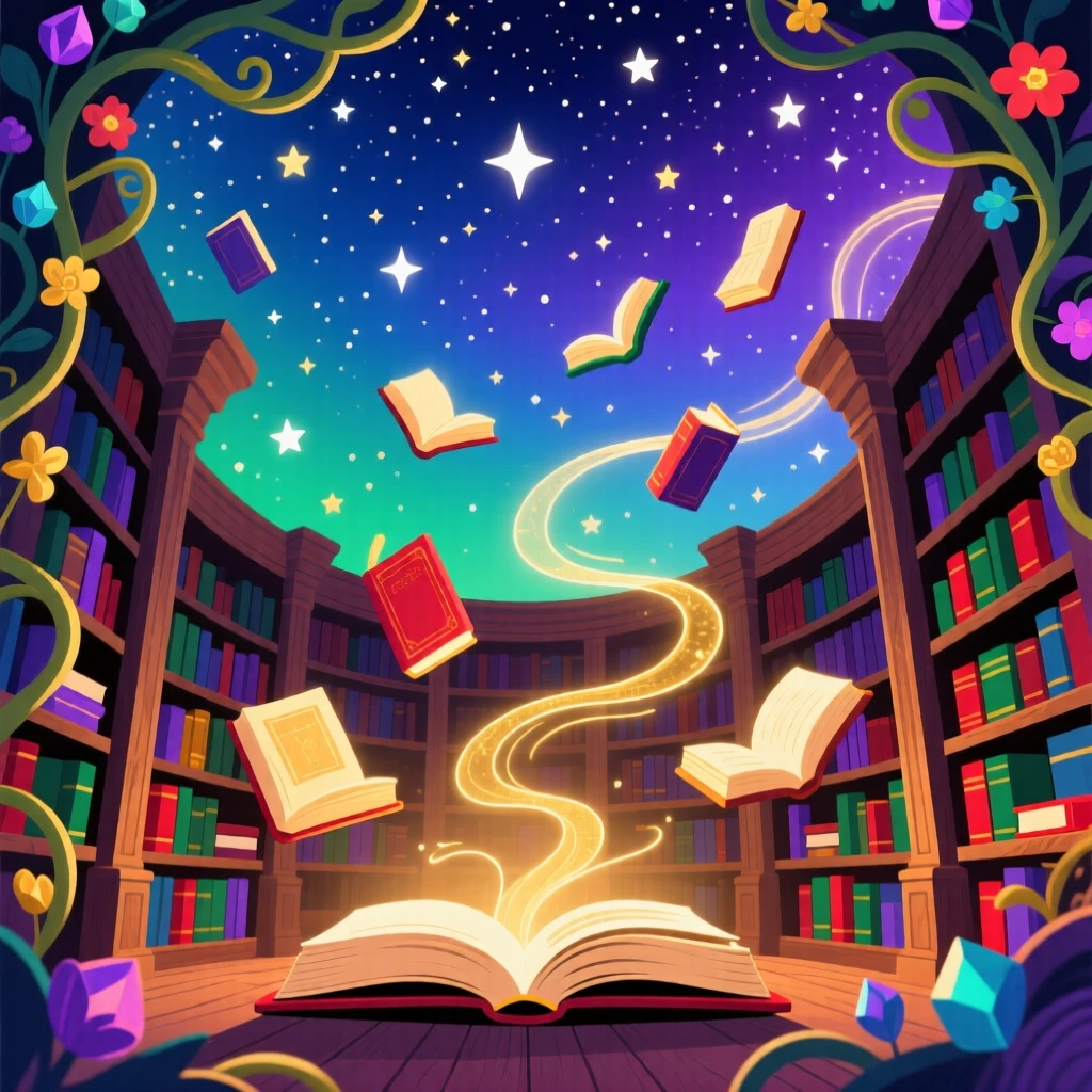 A magical library with floating books and glowing golden light, set against a starry night sky filled with soft color, framed with a whimsical, imaginative composition, with rich jewel tones that evoke wonder and imagination.