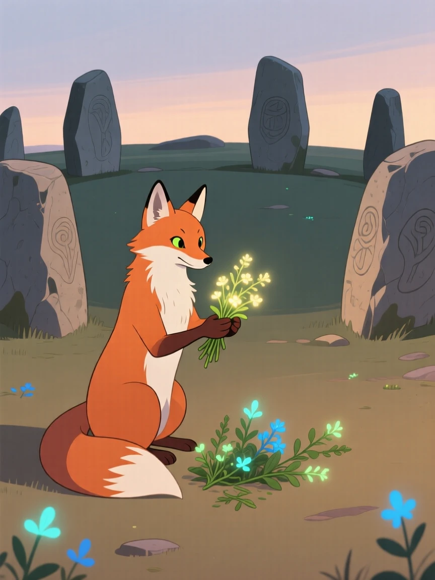 A talking fox spirit gathering glowing herbs near an ancient stone circle.