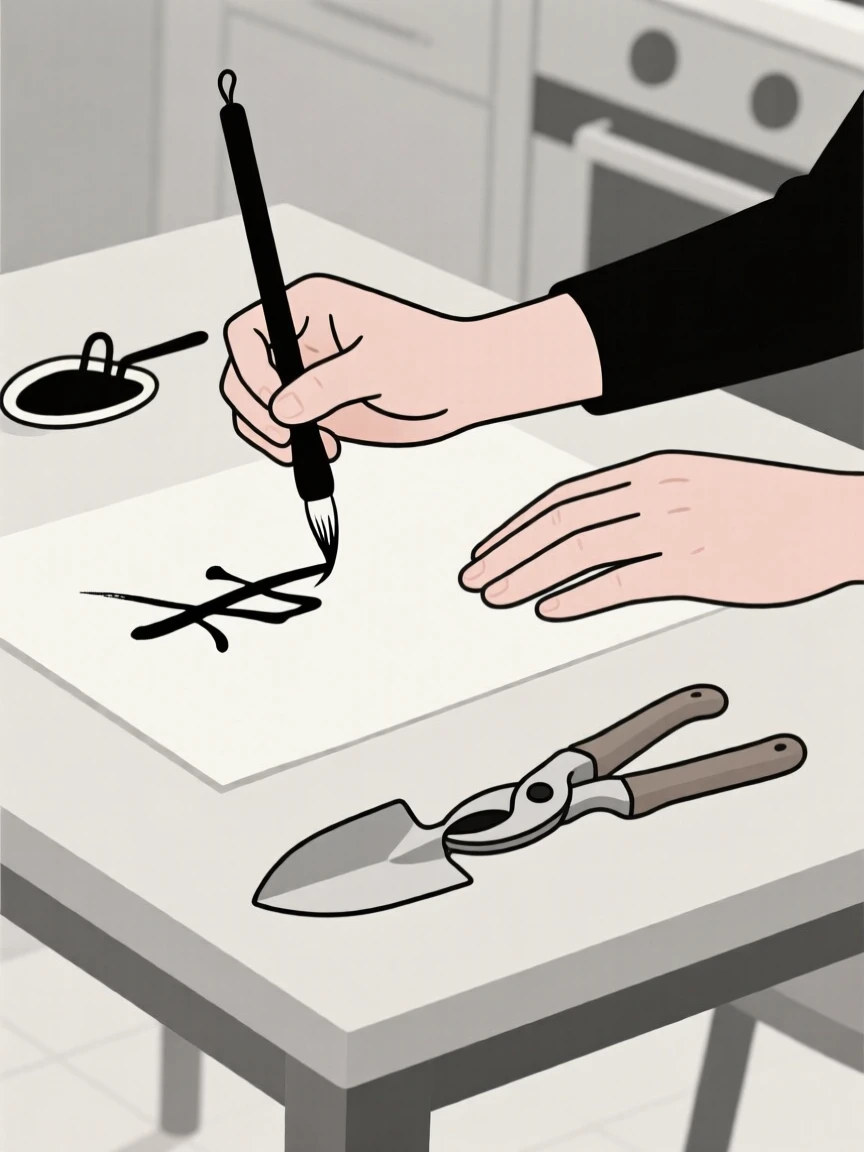 A close view of hands practicing calligraphy near gardening tools in a kitchen table, full of quiet satisfaction.