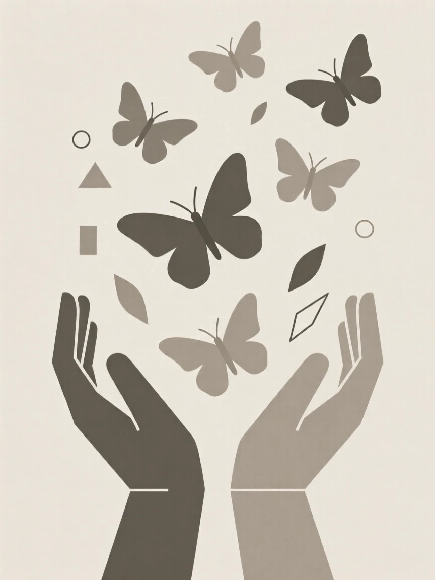 A pair of hands releasing butterflies into the air